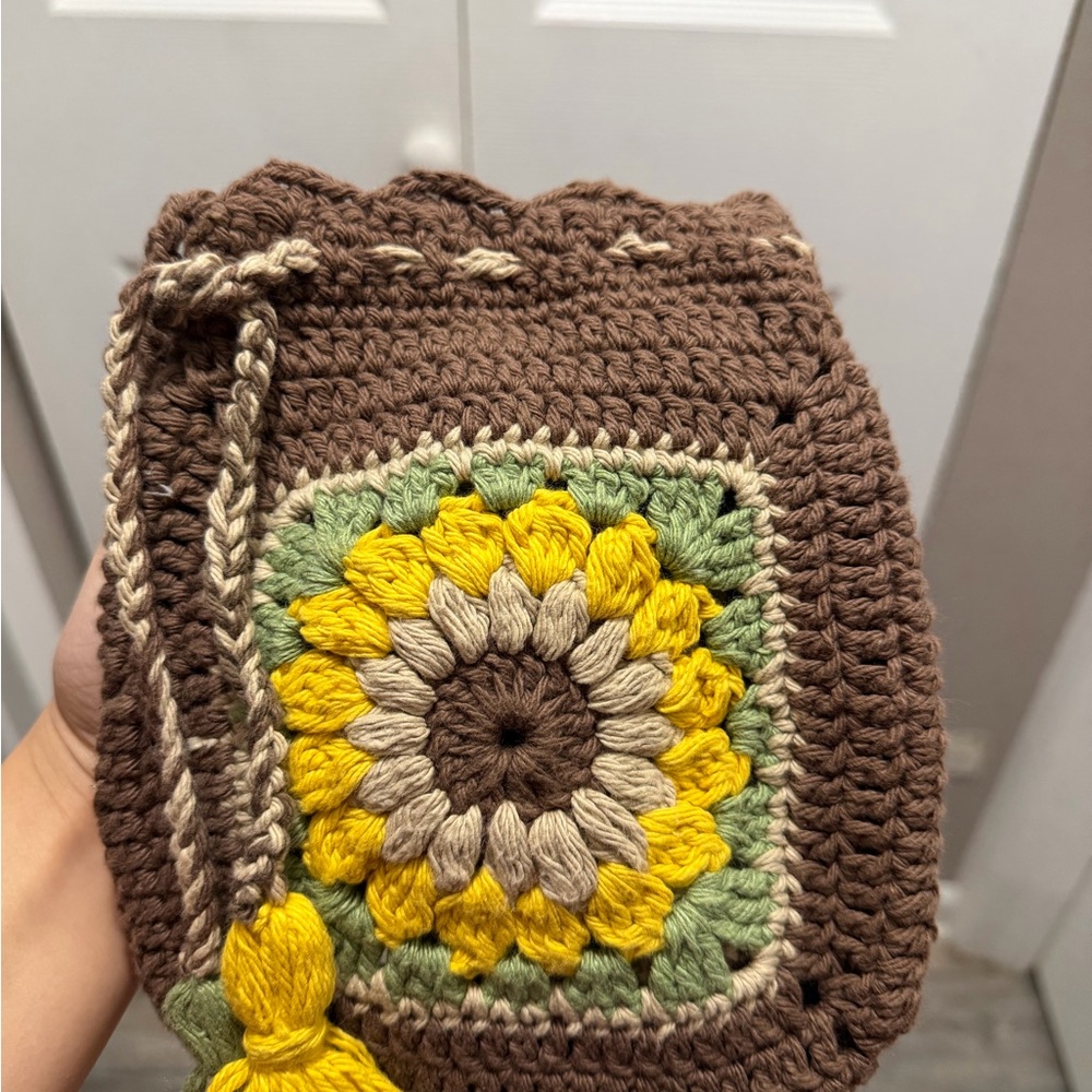 Handcrafted Brown Crochet Bag with Sunflower Design